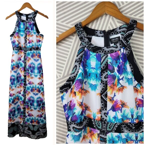 Nicole Miller Size 6 Dress Layered Sheath party Long Maxi Floral Blue Purple - Picture 2 of 8